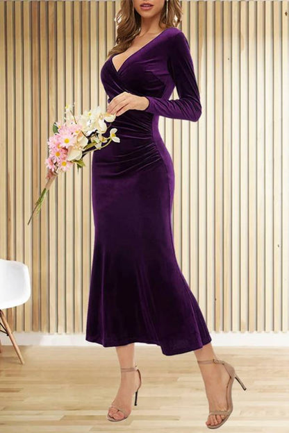 CM | Terciopelo Sólido Manga Larga Cuello en V Slim Fit Fishtail Maxi Vestido