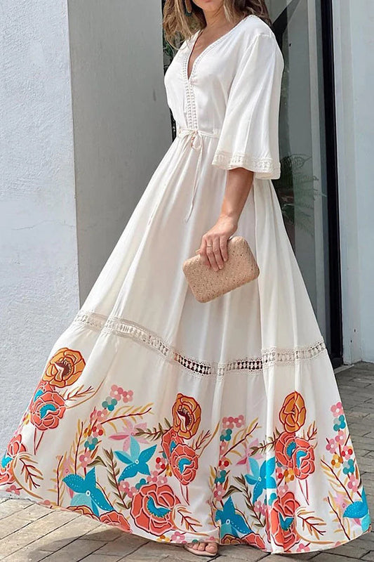 CM | Elegante Único Impreso Encaje Patchwork Encaje Maxi Vestido