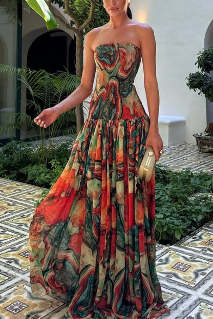 CM | Vacay Vibes Vestido maxi con hombros al descubierto y estampado de lava de colores con pañuelo fruncido