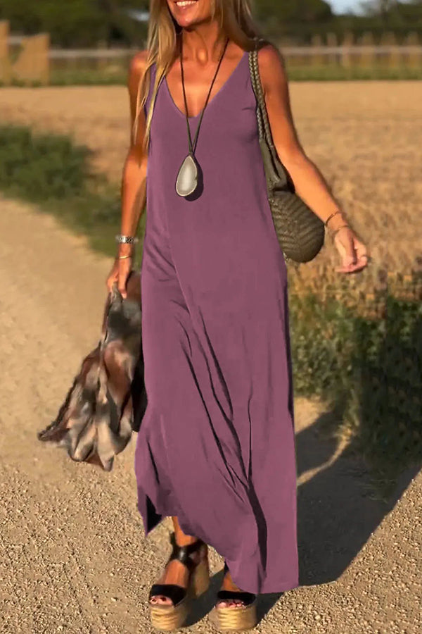 CM | Color Sólido Cuello en V Vestido Maxi Casual Sin Mangas