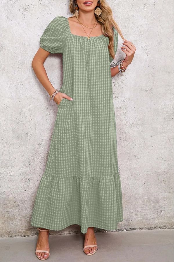 CM | maxi vestido a cuadros con mangas abullonadas y escote cuadrado
