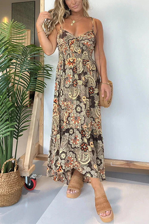 CM | Cuello Atrás Encaje Abertura Estampado Floral Maxi Vestido Cami