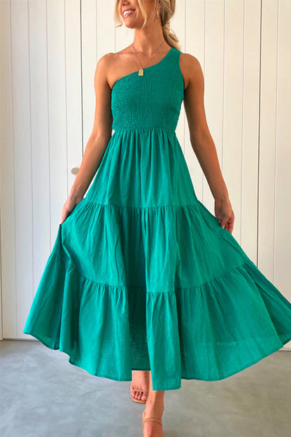 CM | maxi vestido sin hombros, sin mangas y con volantes
