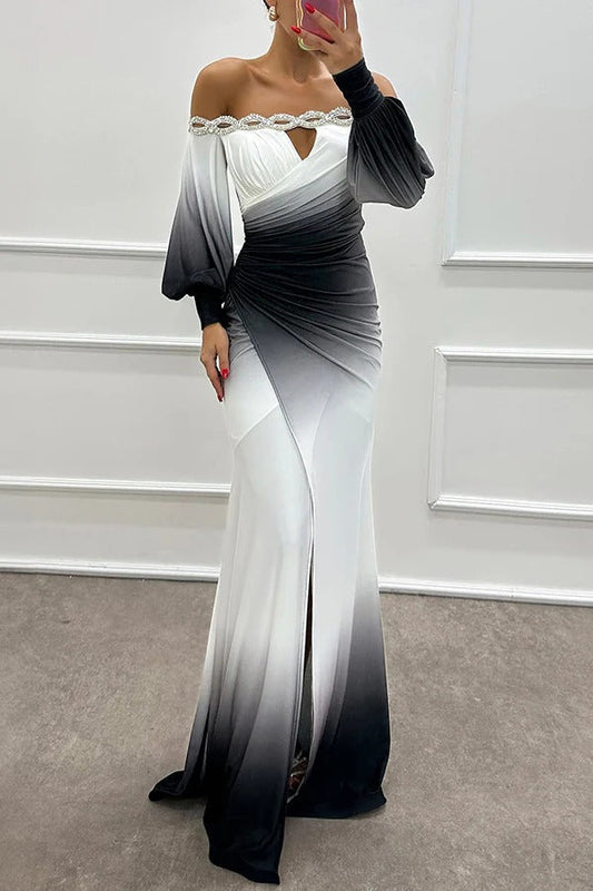 CM | Julieta Estampado degradado Cuello barco Hombros descubiertos Detalle piedras preciosas Vestido con aberturas Maxi Vestido