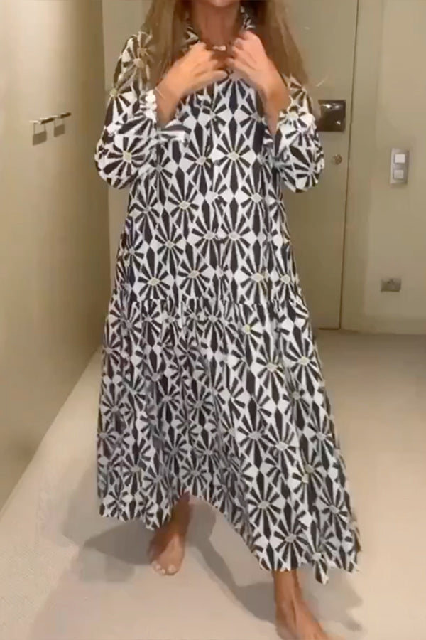 CM | Print Manga Larga Suelta Cuello en V Maxi Vestidos