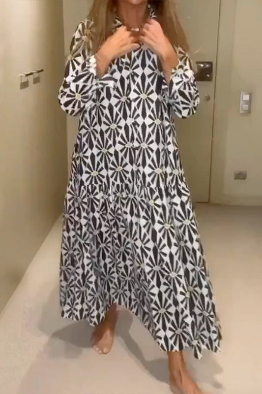 CM | Print Manga Larga Suelta Cuello en V Maxi Vestidos