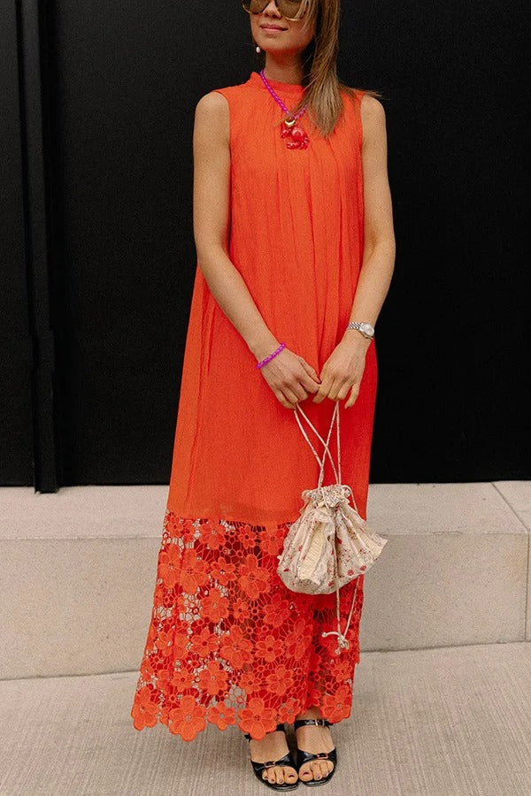 CM | Breezy Comfort escote de corbata maxi vestido sin mangas con dobladillo de encaje floral