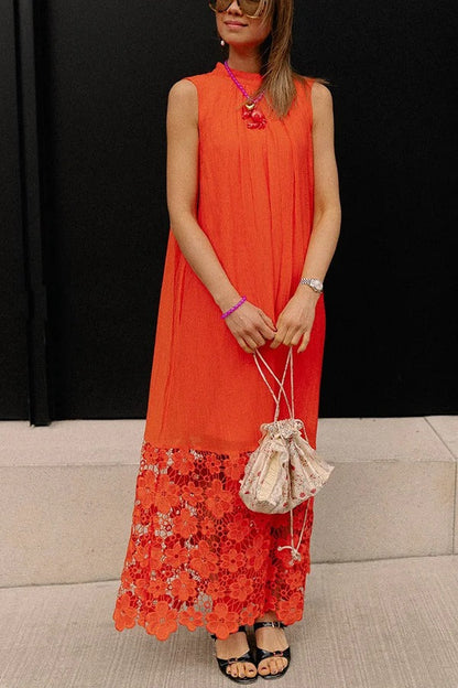CM | Breezy Comfort escote de corbata maxi vestido sin mangas con dobladillo de encaje floral