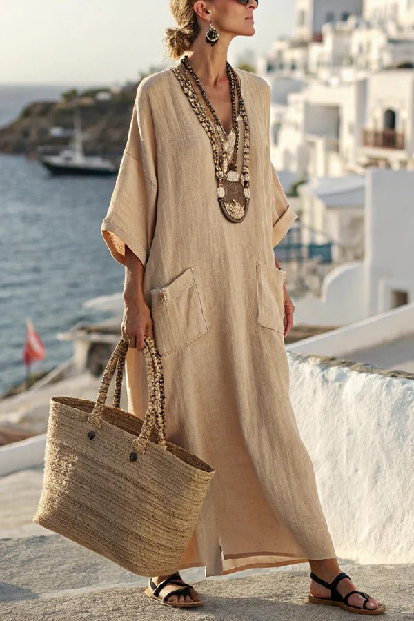 CM | Cuello en V estampado a rayas Vestido maxi casual con bolsillo