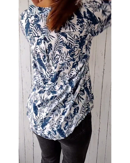 CM | Blusa casual con botones y estampado de hojas con cuello en V y mangas nueve cuartos