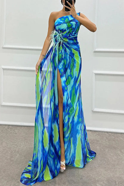 CM | Amazing Views Acuarela Imprimir Pluma Rosa Detalle Off Shoulder Plisado Hendidura Maxi Vestido