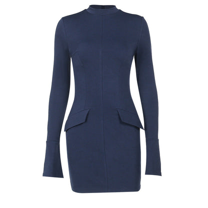 CM | Moda Vestido de Manga Larga con Dos Bolsillos Delgado Bodycon Cadera Vestido Corto para Mujer