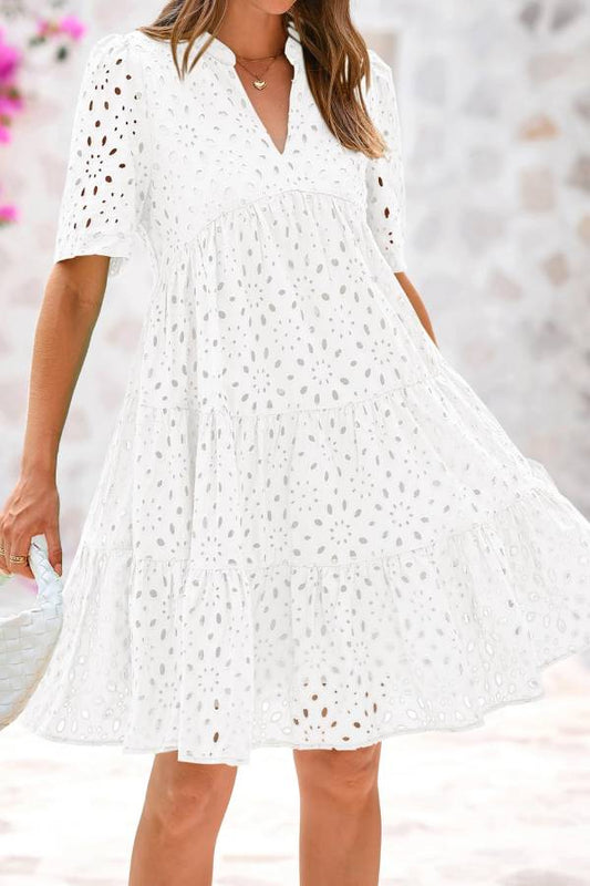 CM | Cuello en V de Mujer Manga Corta Hueco Mini Vestido de Vacaciones