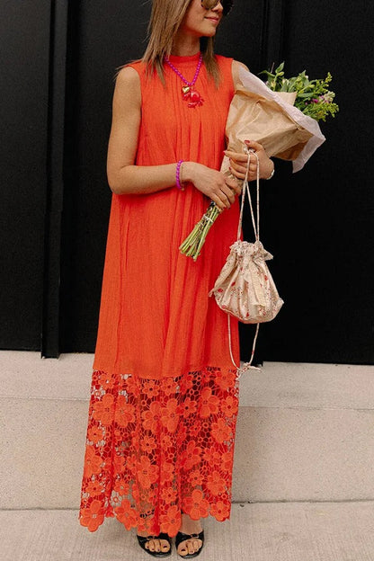 CM | Breezy Comfort escote de corbata maxi vestido sin mangas con dobladillo de encaje floral