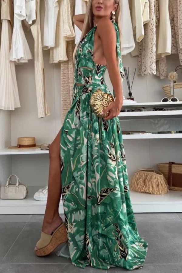 CM | Paisaje Amazónico Impresión Única Cuello Atado Cintura Anillo Halter Hendidura Maxi Vestido