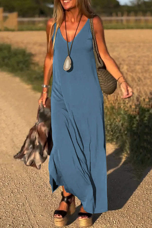 CM | Color Sólido Cuello en V Vestido Maxi Casual Sin Mangas