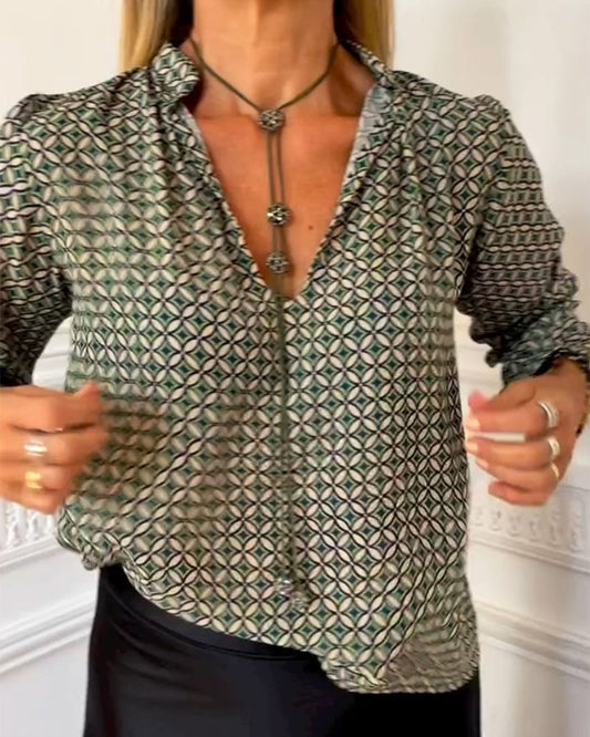 CM | Blusa casual con cuello en V y estampado geométrico