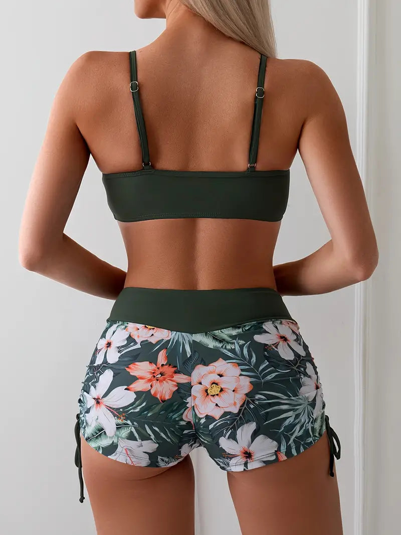 CM | Bikini con estampado floral tropical y cordón de ajuste