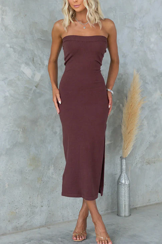 CM | Vestido midi sin tirantes de punto canalé con abertura