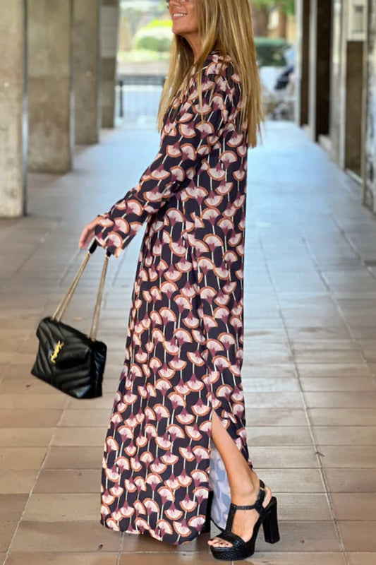 CM | Mujeres Moda Impreso V-Cuello Manga Larga Maxi Vestido