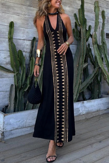 CM | Meret Oro Estampado Geométrico Maxi Vestido Estirado Sin Espalda con Halter