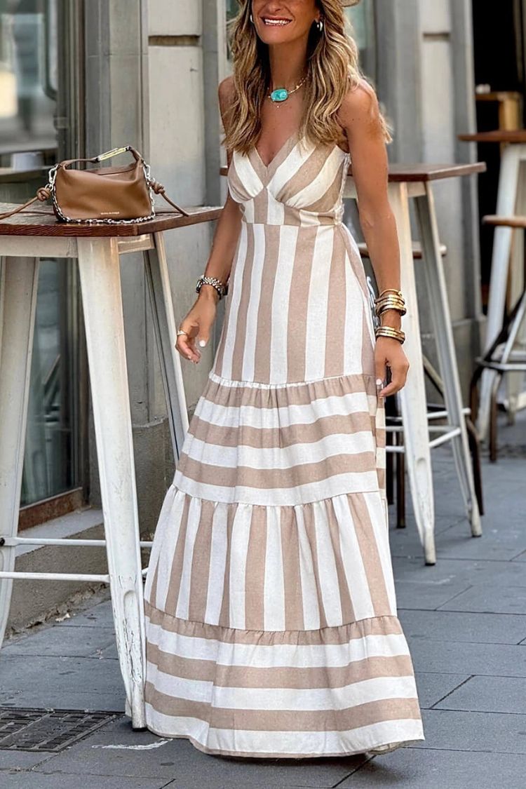 CM | maxi vestido de verano con estampado de rayas y volantes sin espalda