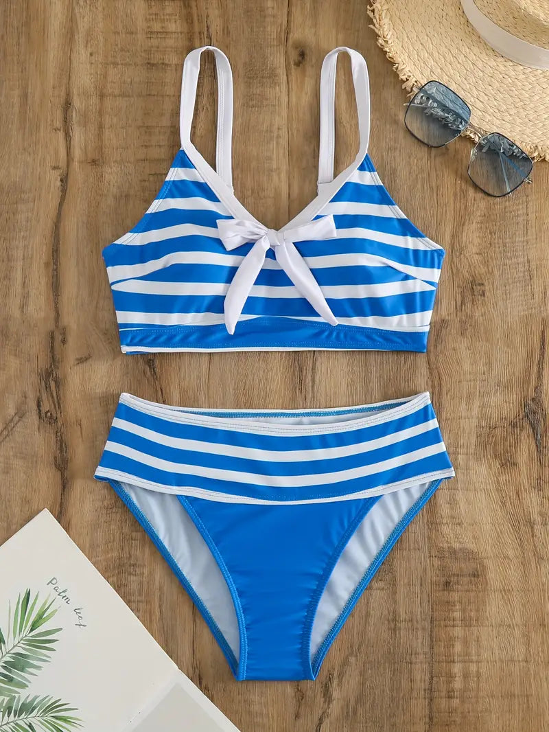 CM | Bikini sexy con estampado de rayas y nudo en V