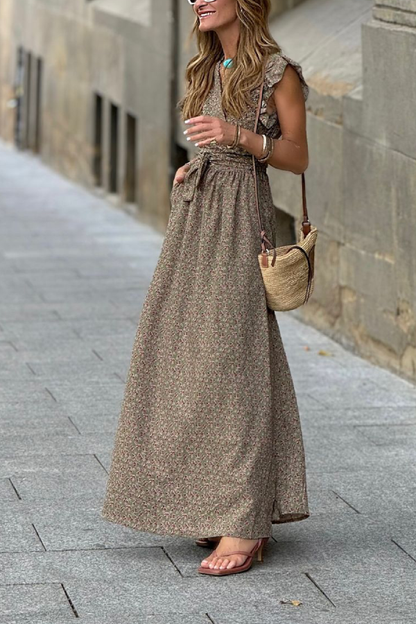 CM | Cuello en V Vestido largo fruncido de manga corta ceñido a la cintura con estampado floral