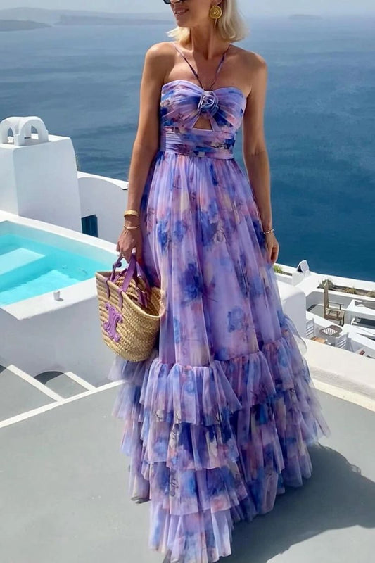 CM | Dreamy Clouds Tul estampado Rosa Detalle Cuello Ruffle Striped Halter Maxi Vestido