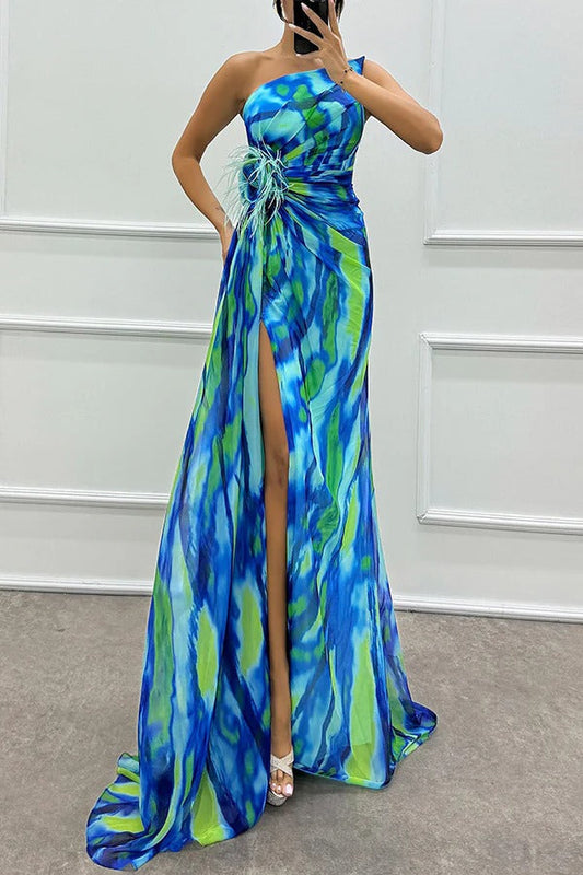 CM | Amazing Views Acuarela Imprimir Pluma Rosa Detalle Off Shoulder Plisado Hendidura Maxi Vestido