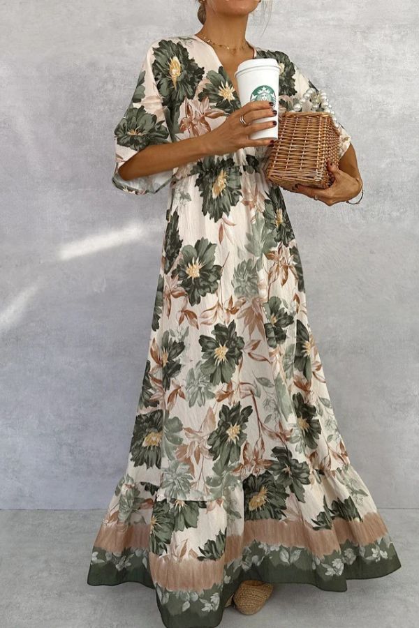 CM | Retro Cuello en V Impreso Manga Corta Cintura Largo Maxi Vestido