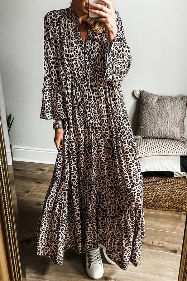 CM | maxi vestido de rayas con mangas anchas y estampado de leopardo albaricoque