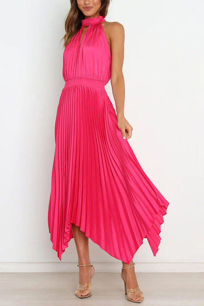 CM | Luxe Look Satén Plisado Halter Cintura Elástica Vestido Midi