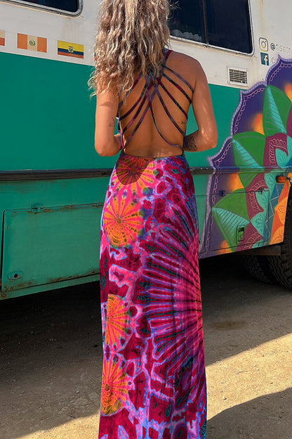 CM | La Bamba maxi vestido elástico con lazada en la espalda y estampado tie-dye