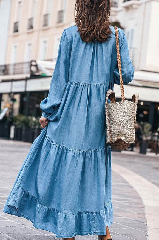 CM | maxi vestido vaquero de manga larga con escote en V y volantes