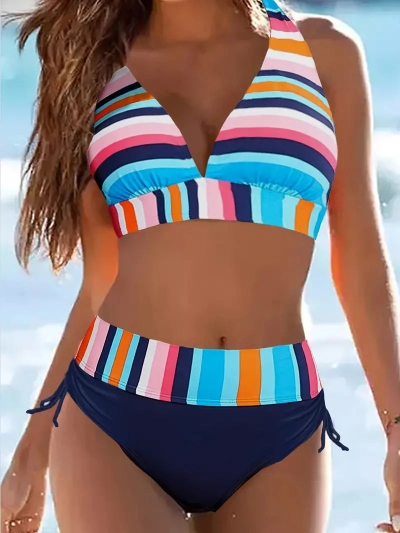 CM | Bikini de tirantes con estampado de rayas de colores y cordón de ajuste