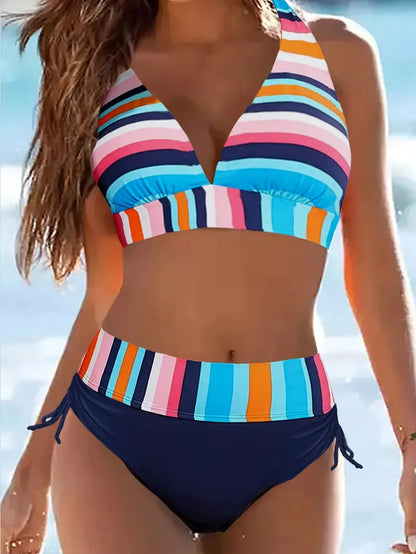 CM | Bikini de tirantes con estampado de rayas de colores y cordón de ajuste