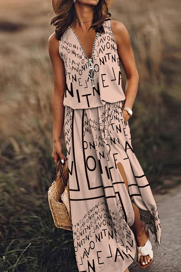 CM | Vestido largo sin mangas mujeres casuales cintura cremallera carta vestido