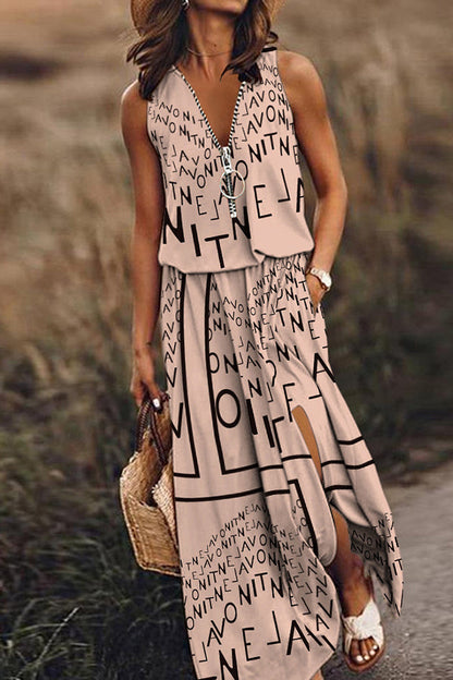 CM | Vestido largo sin mangas mujeres casuales cintura cremallera carta vestido