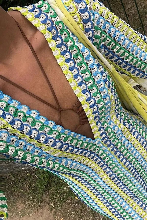 CM | Bondi beach tejido de punto con estampado de olas de colores maxi vestido de vacaciones de manga larga