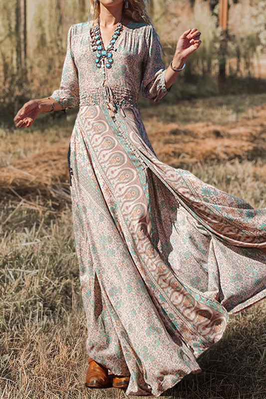 CM | Precioso maxi vestido estampado de manga larga con escote en V