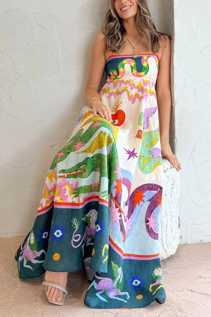 CM | Feel Effortlessly Vestido midi con espalda fruncida en mezcla de lino y estampado único