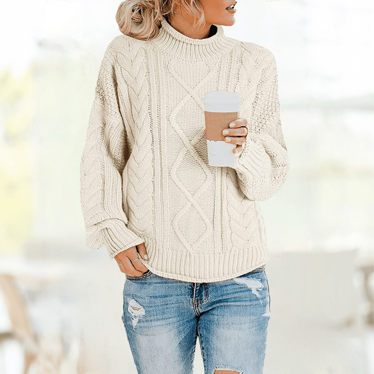 CM | Beige Elegante jersey de cuello alto