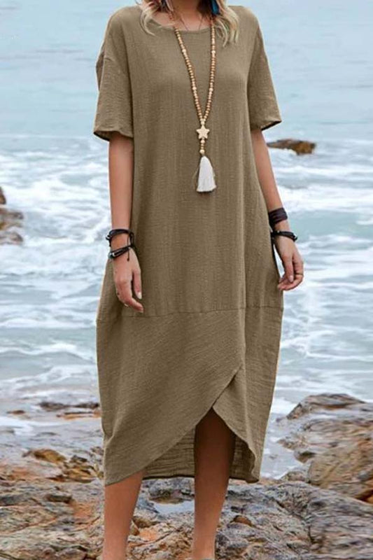 CM | Color Sólido Algodón Lino Retro Cuello Redondo Manga Corta Vestido Midi