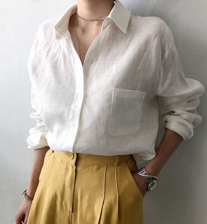 CM señoras camisa de algodón primavera suelta liso cuello camisa blusa casual
