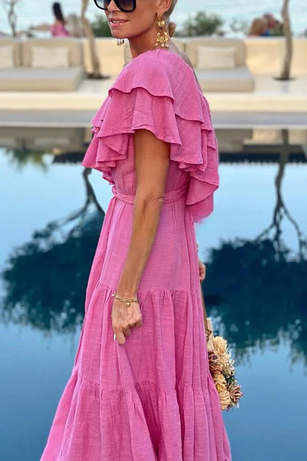 CM | maxi vestido con un hombro y cinturón de volantes en mezcla de algodón