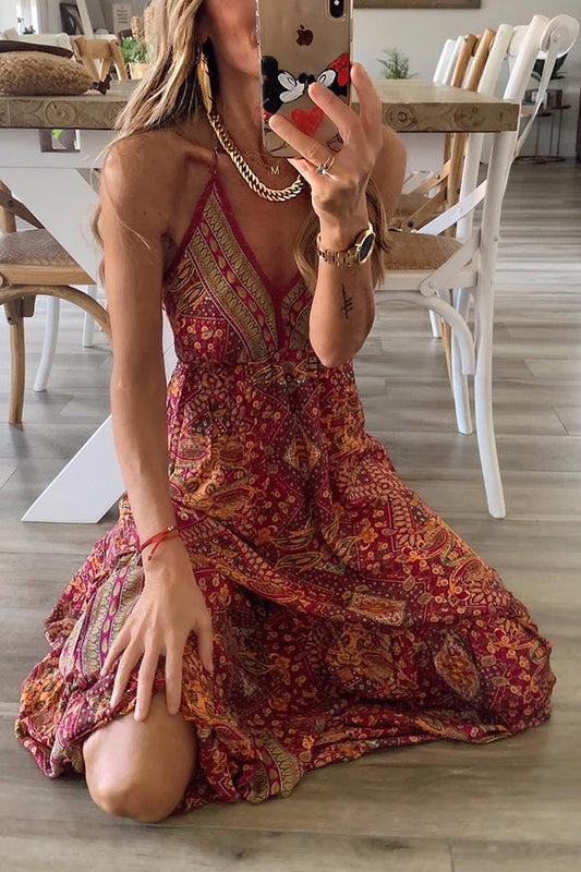 CM | Celeste maxi vestidos de tirantes con estampado boho y cintura elástica