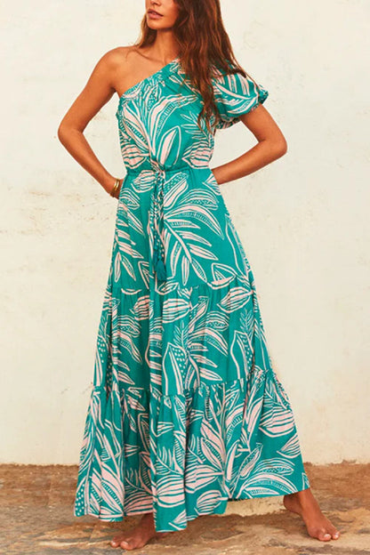 CM | Maxivestido estampado con un hombro y cintura con cordón
