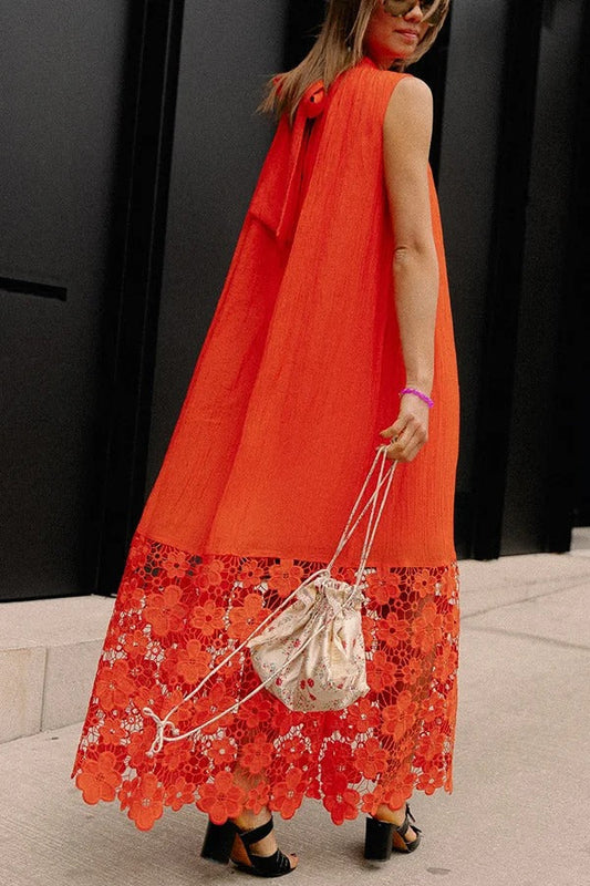 CM | Breezy Comfort escote de corbata maxi vestido sin mangas con dobladillo de encaje floral