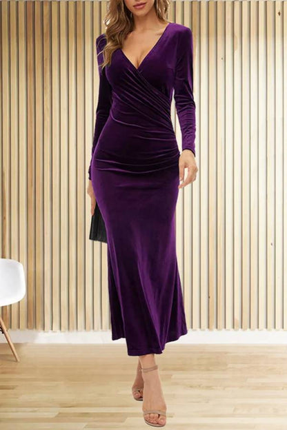 CM | Terciopelo Sólido Manga Larga Cuello en V Slim Fit Fishtail Maxi Vestido